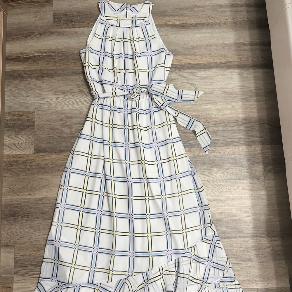 Calvin Klein White Maxi Dress with Blue and Yellow Plaid